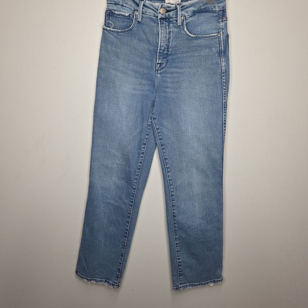 Good American Good Straight Jeans Light Wash Raw Hem Frayed Waist Size 2 26
